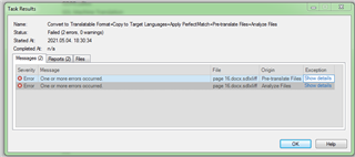 Trados Studio task results window showing failed status with two error messages stating 'One or more errors occurred' for file conversion tasks.