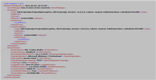 Screenshot of Trados Studio error log showing detailed error information including ProjectApi and StudioPlatformService versions, with red text highlighting errors.