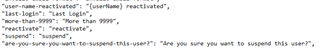 Screenshot of JSON file in Trados Studio showing strings of text with the last string 'Are you sure you want to suspend this user?' not imported into Trados.