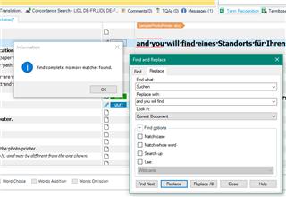 Trados Studio screenshot showing an 'Information' dialog box with the message 'Find complete: no more matches found' and a 'Find and Replace' dialog box in the background.