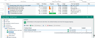 Trados Studio screenshot showing the project files list with various statuses such as 'Translation', 'Review', and 'Sign-off'. A TermBase Viewer window is open with an error message 'Language pair English (United States) - German (Germany) not supported.'
