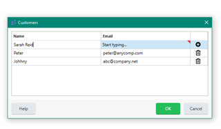 Trados Studio 'Customers' dialogue window showing three entries: 'Sarah Reid' with an incomplete email field, 'Peter' with email 'peter@anycomp.com', and 'Johnny' with email 'abc@company.net'. An error icon is visible next to the incomplete email field.