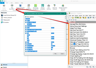 Screenshot of Trados Studio showing the Keyboard Shortcuts dialog with a list of commands and their corresponding shortcuts, highlighting the 'Auto-Insert Tags' and 'Copy Source to Target' commands.