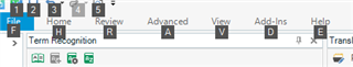 Trados Studio ribbon activated unintentionally, showing File, Home, Review, Advanced, View, Add-Ins, and Help tabs.