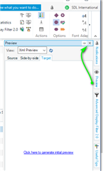 Trados Studio screenshot showing the View tab with the Preview option highlighted by a green arrow, indicating where to click to see the Preview.