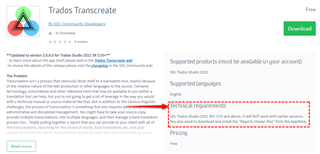 Screenshot of Trados Transcreate product page with a red error message stating 'Trados Studio 2021 SR2 does not meet requirements with red exclamation marks.'