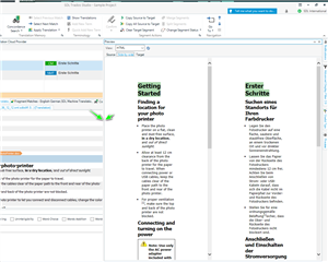 Trados Studio interface showing the Preview Window with text instructions on resizing and a document preview in German.