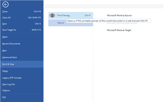 Dropdown menu in Trados Studio under FILE- Print & View with options for 'Print Preview' and 'View'.