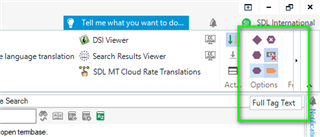 Trados Studio screenshot showing the options menu with 'Full Tag Text' highlighted indicating where to change tag visibility settings.