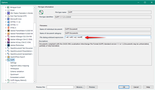 Trados Studio file type options window with an arrow pointing to the added '*.mxliff' extension in the file types list.