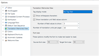 Trados Studio 2019 options menu with Translation Memories View settings showing 'No Tag Text' selected in the 'To display mode' dropdown and 'Show whitespace characters' unchecked.