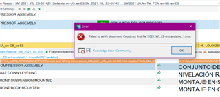 Error message popup in Trados Studio stating 'Failed to verify document: Could not find file 2021_WL_ES-untranslated_1.tmx'.
