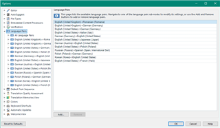 Trados Studio settings window showing a list of language pairs with English (United States) as the source and five different target languages.