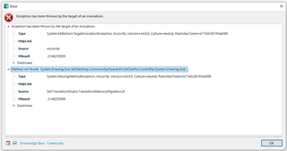 Error dialog box in Trados Studio showing 'Exception has been thrown by the target of an invocation' with details including 'System.Reflection.TargetInvocationException' and 'mscorlib'.