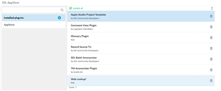 Screenshot of SDL Trados Studio showing the 'Installed plug-ins' section with a list of plugins. The SDL Trados Compatibility and Migration Power Pack is listed without an update option.