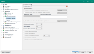 Trados Studio screenshot showing the Verification settings window with an error symbol indicating no termbase attached.