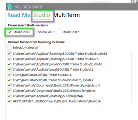 SDL Freshstart application with 'Studio' selected and options for Studio 2021, Studio 2019, and Studio 2017 visible.