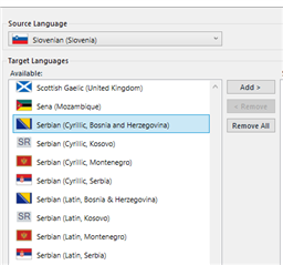 Trados Studio language selection dropdown showing Serbian Cyrillic and Latin options for various regions but missing Serbian (Latin, Serbia and Montenegro (Former)).