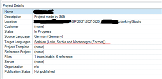 Trados Studio project details with target language set to Serbian (Latin, Serbia and Montenegro (Former)), indicating compatibility with legacy projects.