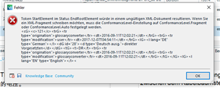 Error message in Trados Studio indicating an invalid XML document due to Token StartElement in Status EndRootElement. Suggestions to set ConformanceLevel to Fragment or Auto are provided.