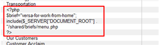 PHP tag containing code to be excluded, surrounded by a red box, with 'Our Customers' and 'Customer Acclaim' visible below.