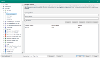 Trados Studio screenshot showing the 'Regex Delimited Text filetype' dialog with structure rule fields for 'Opening pattern' and 'Closing pattern' filled with HTML anchor tag patterns.