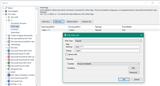 Trados Studio screenshot of 'Edit inline rules' dialog for 'Regex Delimited Text filetype' with fields for 'Rule Type', 'Opening', 'Closing', and 'Formatting' filled with HTML span tag patterns.