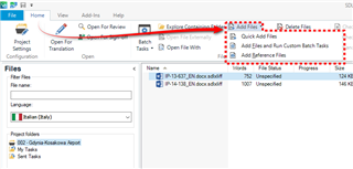 Screenshot of Trados Studio interface with a red arrow pointing to the 'Add Files' button in the 'Home' tab, indicating how to add another file to the project.