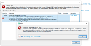 Error message in Trados Studio 2019 stating 'Failed to open declared external product information template -version 4.2.0.1' with file path error.