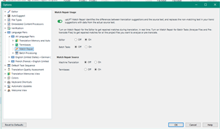 Trados Studio Options window showing Match Repair feature with radio buttons to turn on or off. No visible errors or warnings.