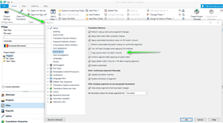 Trados Studio screenshot showing the FILE menu expanded with OPTIONS highlighted, leading to Global settings where 'Enable auto-propagation of confirmed segments' is unchecked.