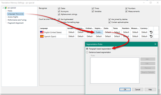 Trados Studio Translation Memory settings window with red arrows pointing to 'Segmentation Rules' and 'Paragraph-based segmentation' options.