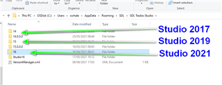 File Explorer window showing Trados Studio versions 2017, 2019, and 2021 folders highlighted with green arrows.