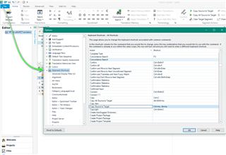 Trados Studio screenshot showing the Keyboard Shortcuts options window with 'Copy Source to Target' shortcut set to CTRL+INS.