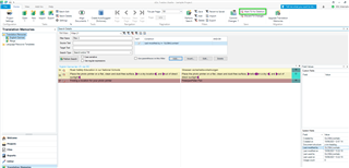 Trados Studio Translation Memories view with a filter applied showing 'last modified by' not equal to a specific user, and Translation Units selected for deletion.