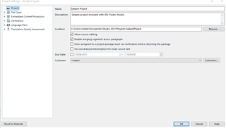 Screenshot of Trados Studio project settings showing options for user name, project location, and due date without any visible errors or warnings.