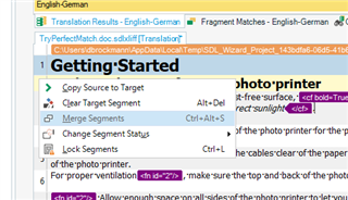 Screenshot of Trados Studio editor view with a segment selected, displaying translation results and fragment matches. No errors or warnings are evident.