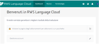 RWS Language Cloud webpage with a welcome message and a prompt to visit the subscription page to subscribe to a package.