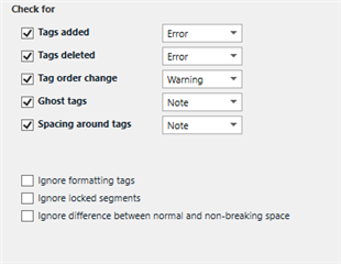 Screenshot of Trados Studio tag verifier settings showing options for 'Tags added', 'Tags deleted', 'Tag order change', 'Ghost tags', and 'Spacing around tags' with corresponding error levels set to 'Error', 'Error', 'Warning', 'Note', and 'Note' respectively. Three checkboxes below are unchecked for 'Ignore formatting tags', 'Ignore locked segments', and 'Ignore difference between normal and non-breaking space'.