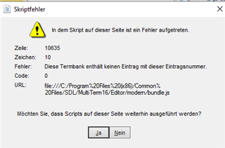 Error message in Trados Studio indicating a script error on the page, with details about the line number, character, code, and file path. Options to continue running scripts are 'Yes' or 'No'.