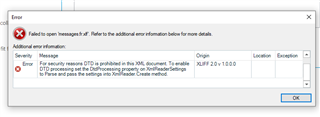 Error message window in Trados Studio stating 'Failed to open message.htf'. It mentions DTD is prohibited in the XML document and suggests checking the ProhibitDtd setting in the XmlReaderSettings.
