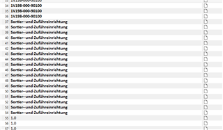 Trados Studio project screenshot displaying the text 'Sortier- und Zufuhreinrichtung' repeated 11 times in separate segments.