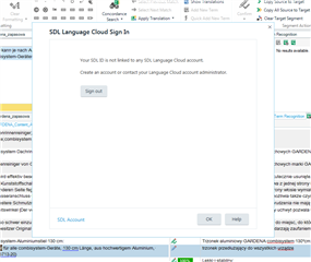 Error message in Trados Studio 2021 stating 'Your SDL ID is not linked to any SDL Language Cloud account.' with a 'Sign out' button visible.