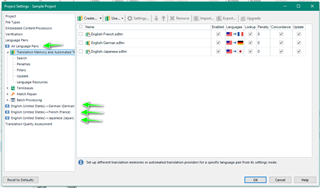 Trados Studio project settings window showing Language Pairs section with English to German language pair selected and green arrows pointing to TM's settings.