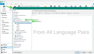 Trados Studio home screen with Projects tab active, displaying a list of projects and a green arrow pointing to the 'From All Language Pairs' filter option.