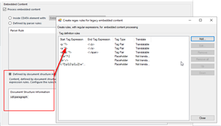 Trados Studio dialog box showing the Embedded Content Processor settings with a focus on the 'Define rules' section. A red box highlights the 'Document Structure Information' option.