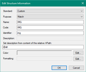 Trados Studio Edit Structure Information dialog box with fields for Standard, Purpose, Name, Code, Identifier, and Description using XPath.