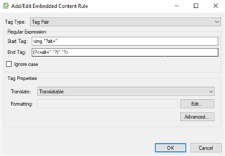 Trados Studio dialog box for adding or editing embedded content rule with fields for tag type, regular expression, start tag, end tag, and options to ignore case and set tag properties.