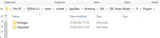 File Explorer window showing Trados Studio plugins folder with 'Packages' and 'Unpacked' subfolders.