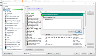 Trados Studio settings window with 'File Types' selected, showing an arrow pointing to 'MXLIFF' file type to be enabled.